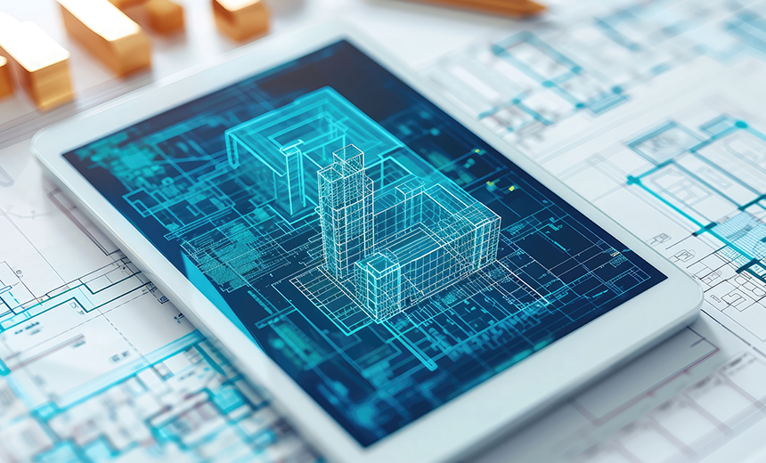 Moderner Wolkenkratzer und digitale Daten