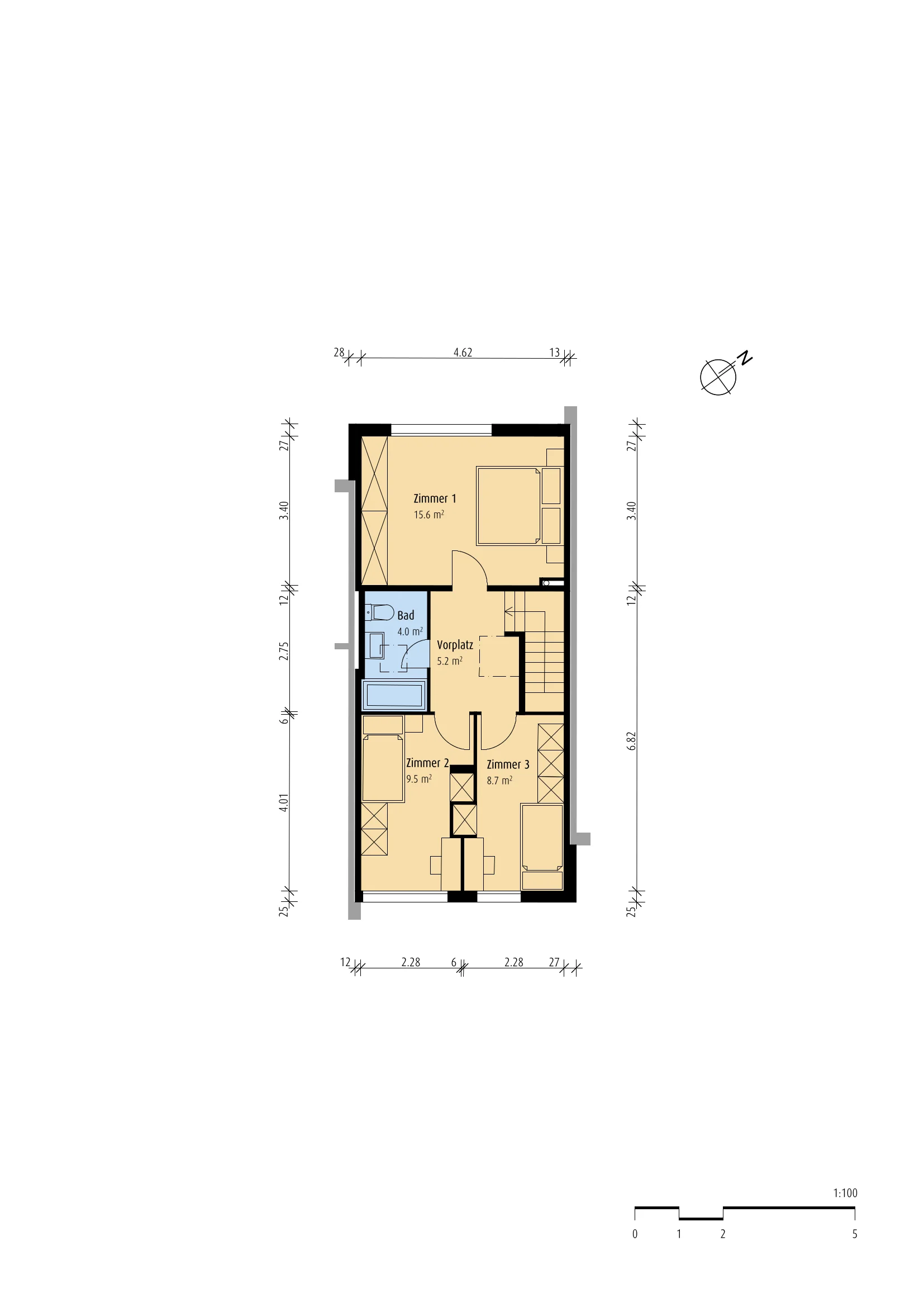 CAD-Plan Obergeschoss mit klar abgegrenzten Räumen, Flächen und Beschriftung als SIA-416-Grundlage
